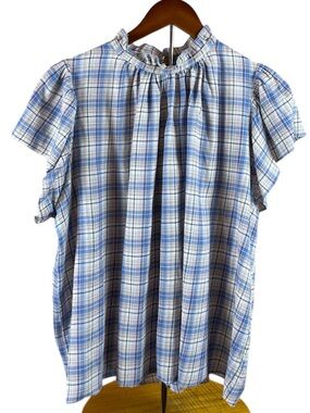 TROVATA Birds of Paradise Carla Highneck Shirt Blue plaid 100% Cotton Size Large